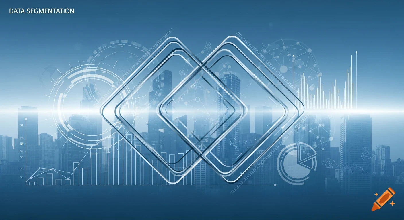 Abstract blue image with city skyline, geometric shapes, data graphs, and 'DATA SEGMENTATION' text, in a corporate style.