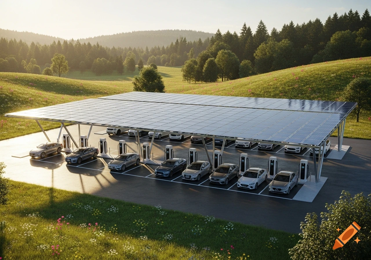Electric car charging station with a large solar panel roof, situated in a sunny, green rural landscape with hills and trees.