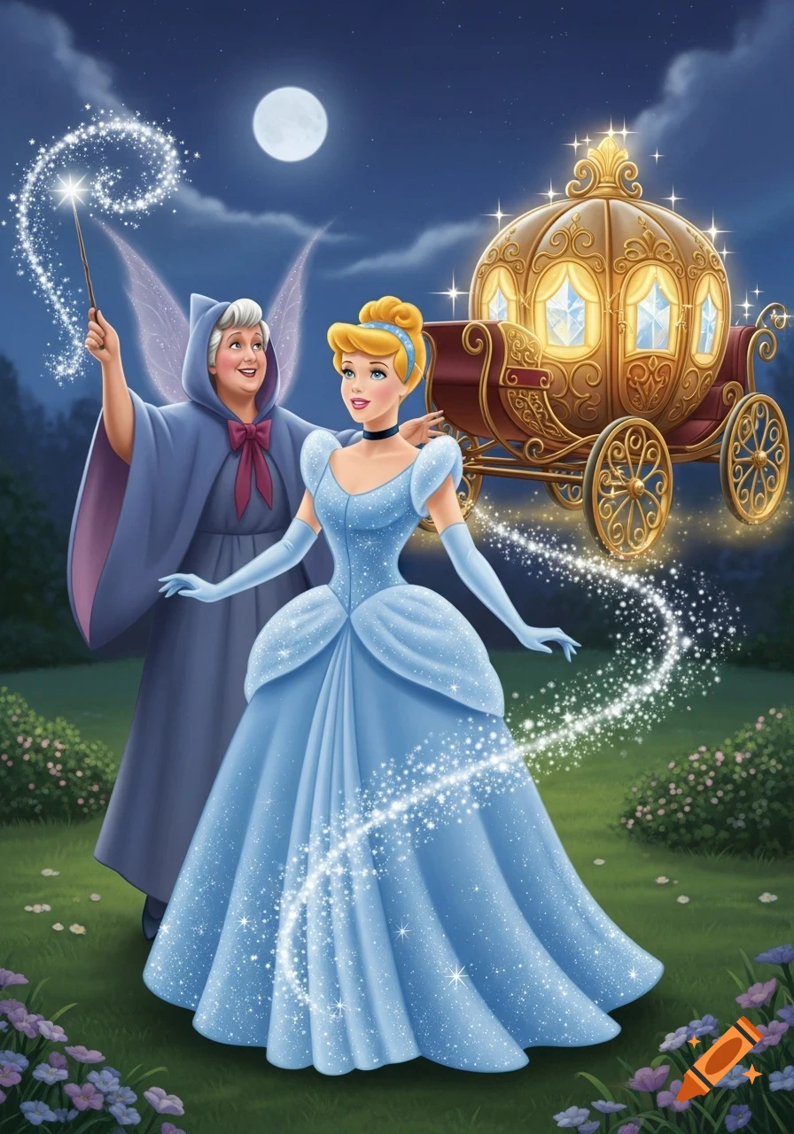 Cinderella in a blue gown with her Fairy Godmother, who uses magic on a golden pumpkin carriage under a full moon.