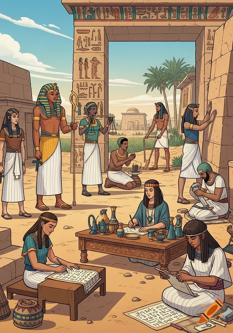An animated comic style illustration of ancient Egyptian life, showing various professions like a pharaoh, scribe, farmer, and stone mason.