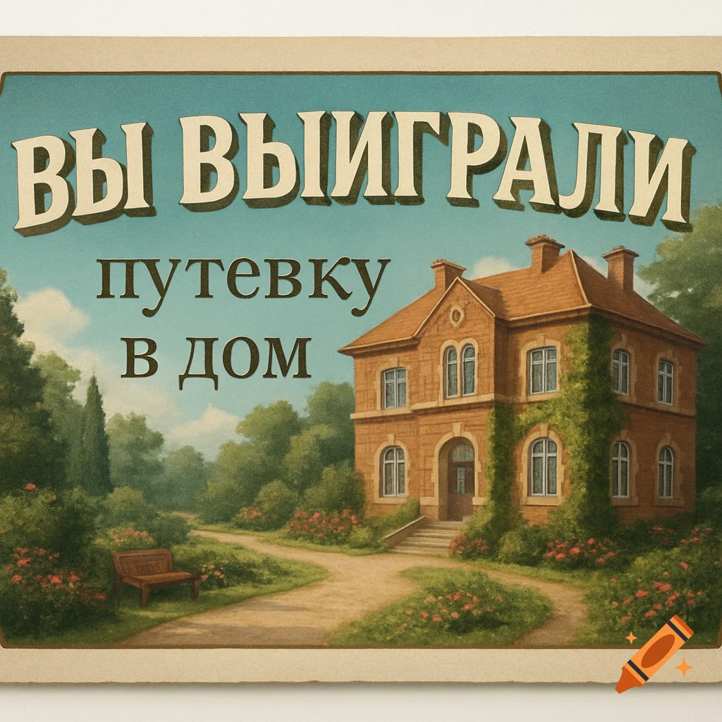 A vintage illustration of a grand house in a lush garden with a path, trees, and flowers. Russian text on top reads "You Won a Ticket to a Home"