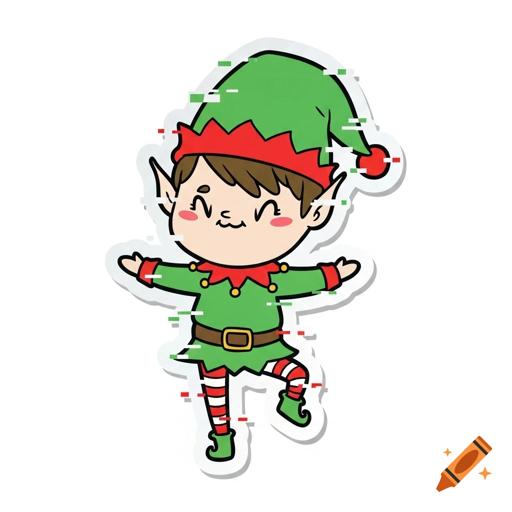 Cute glitched cartoon Christmas elf sticker with a white outline and a happy expression.
