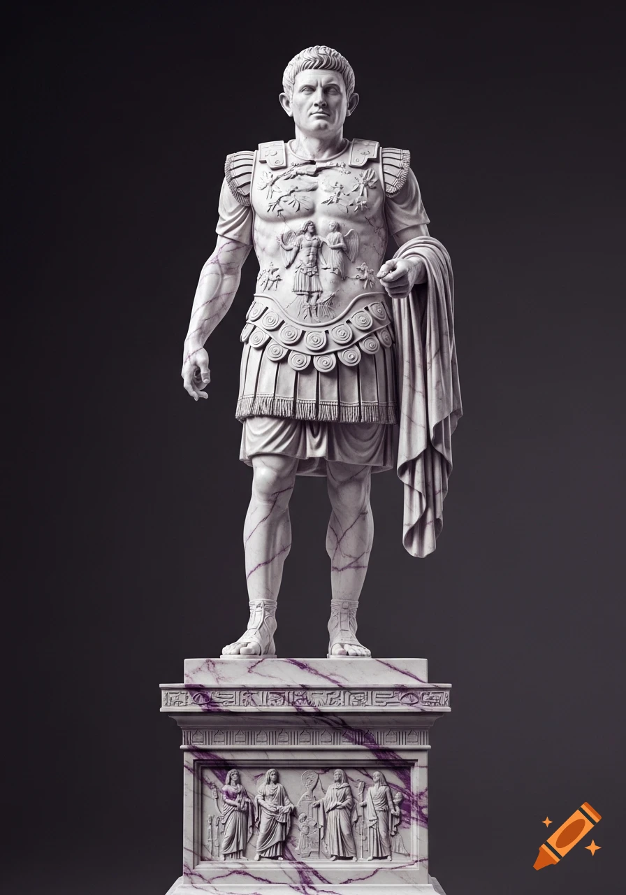 A white marble statue of a Roman general, reminiscent of Mark Antony, stands proudly on a decorated pedestal with purple veins.