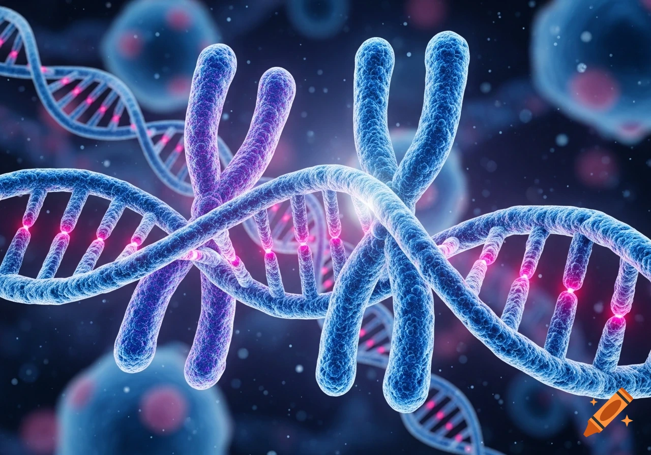 Microscopic view of intertwined blue and purple DNA strands and chromosomes against a dark background.