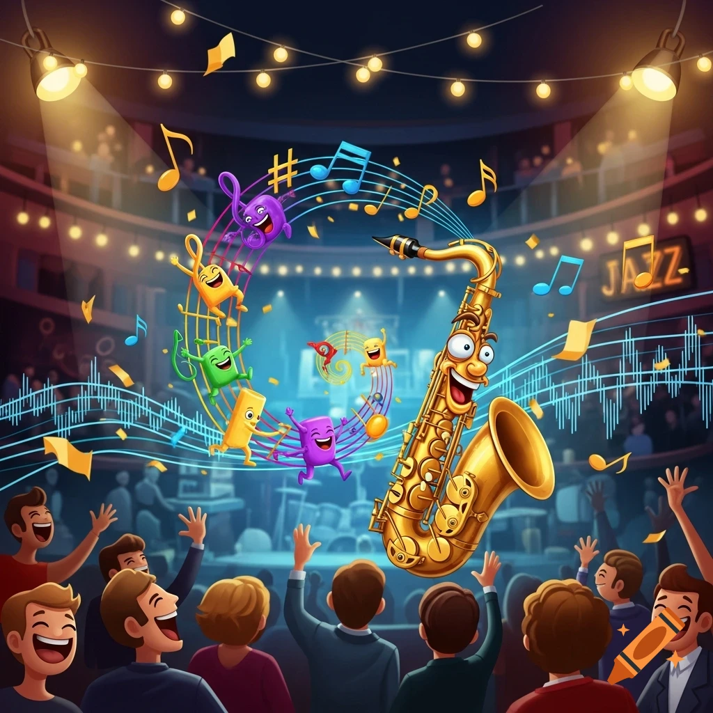 A cartoon saxophone with a happy face plays at a jazz concert, surrounded by dancing musical notes and a cheering audience.