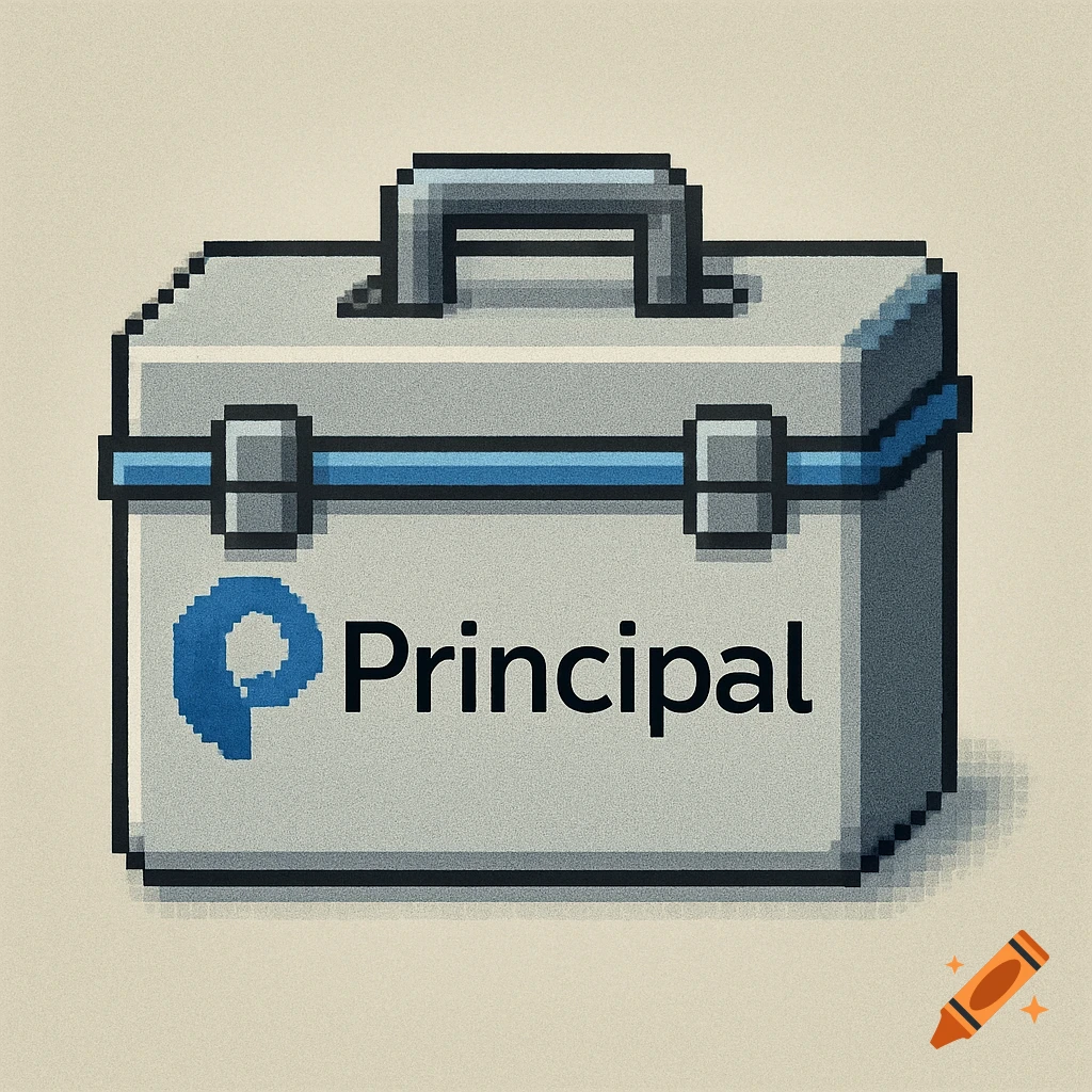 Pixel art illustration of a gray toolbox with blue accents, featuring the blue 'P' and 'Principal' text of the Principal Financial logo.