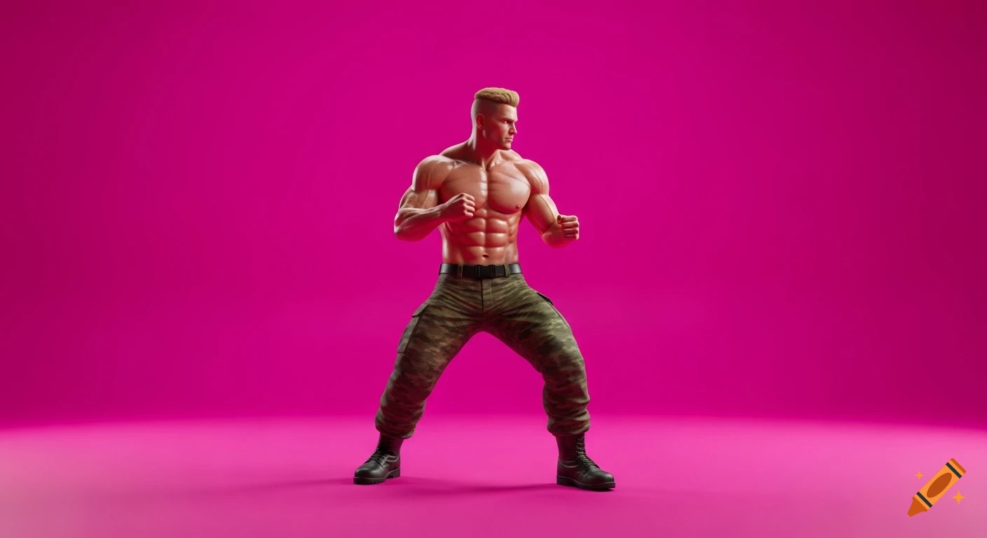 A muscular man in camo pants and boots, shirtless, in a fighting stance against a bright magenta background, resembling a fighting game character.