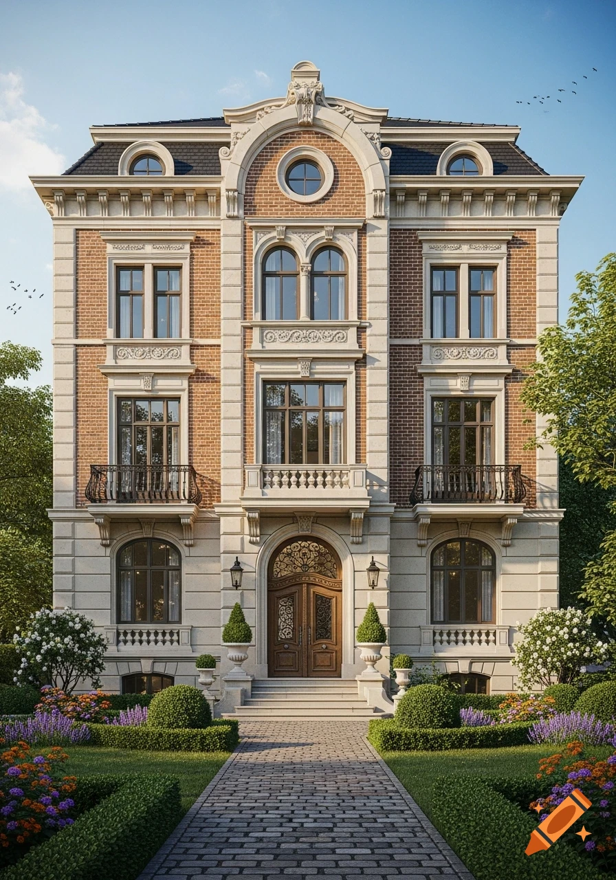 Photorealistic ornate multi-story villa with red brick and stone facade, a lush front garden, and a paved path under a blue sky.