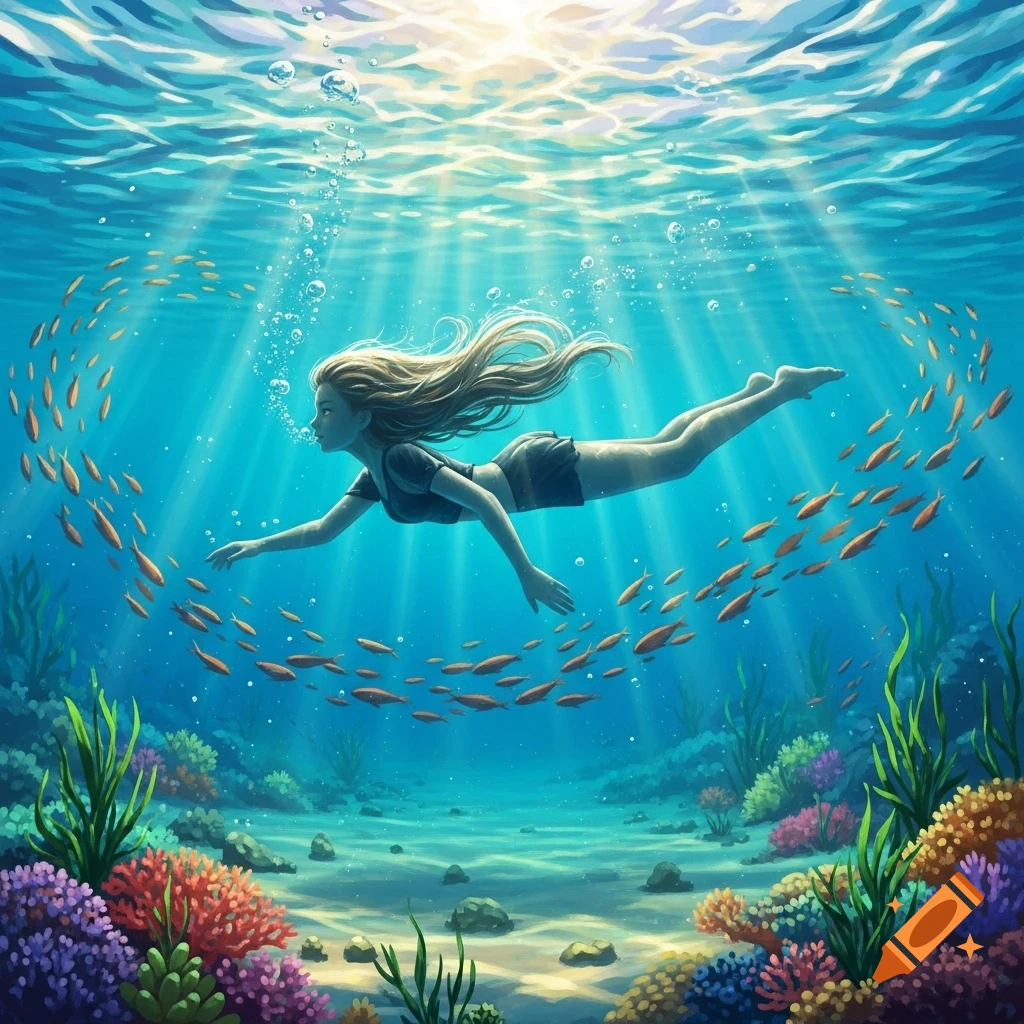 A blonde girl in a black top and shorts swims gracefully underwater among colorful coral and schools of small fish, with sunlight shining through the surface.