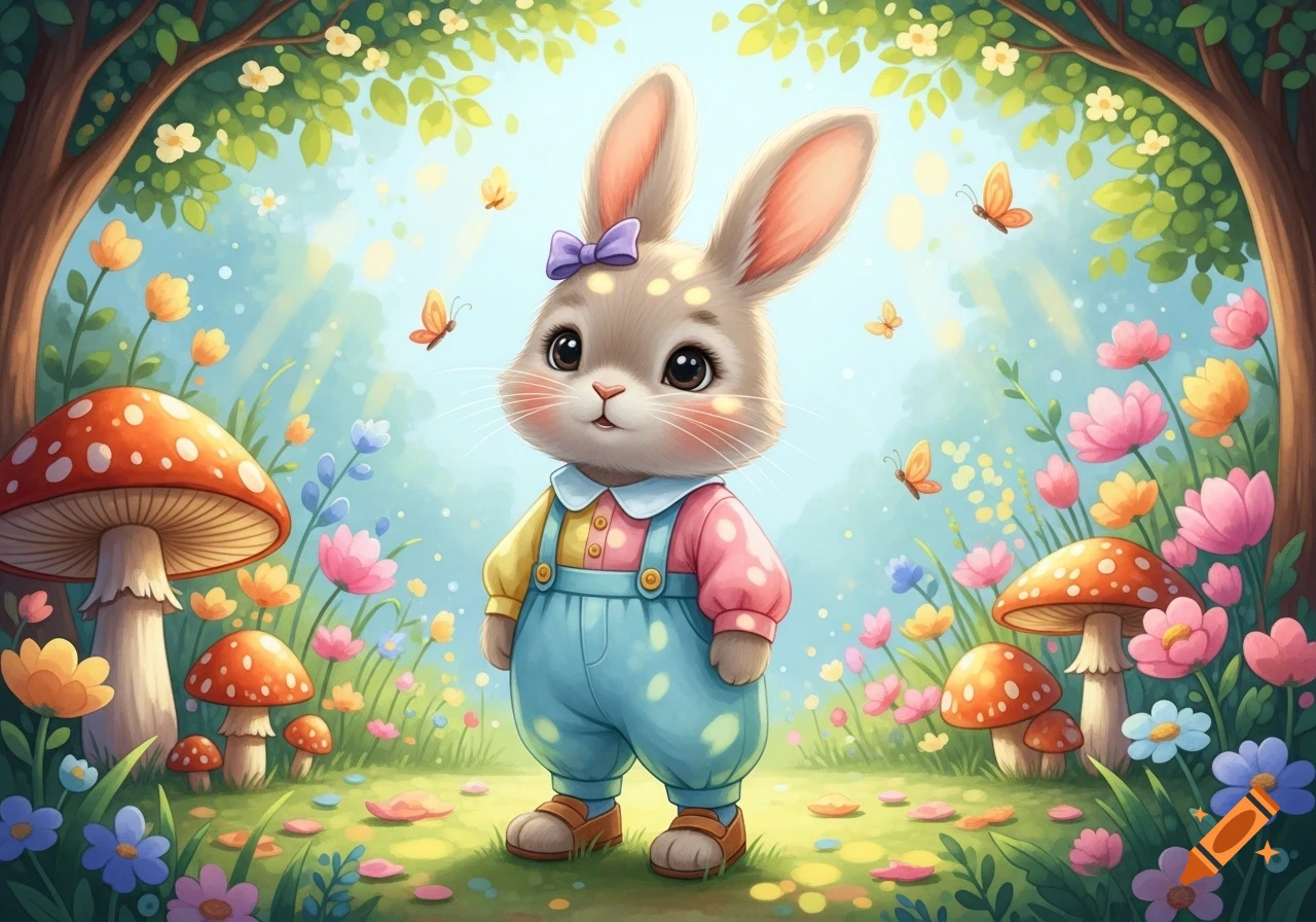 A cute cartoon bunny in colorful overalls and a purple bow stands in a vibrant fantasy forest filled with colorful flowers and large mushrooms.