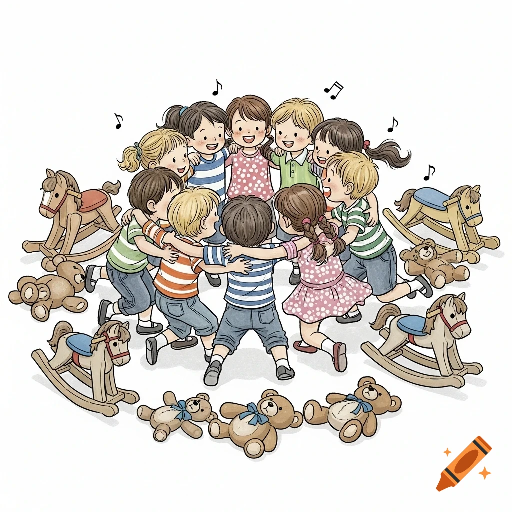 Cartoon illustration of happy children hugging and playing in a circle with rocking horses and teddy bears.