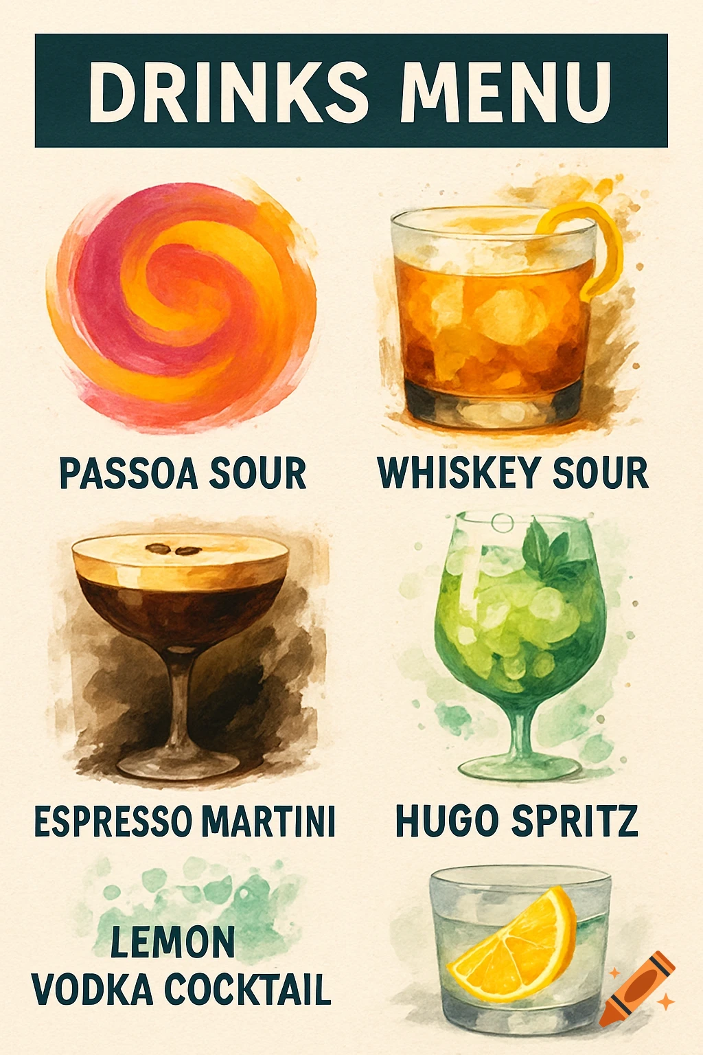 Watercolor drinks menu featuring illustrations of a Passoa Sour, Whiskey Sour, Espresso Martini, Hugo Spritz, and Lemon Vodka Cocktail.