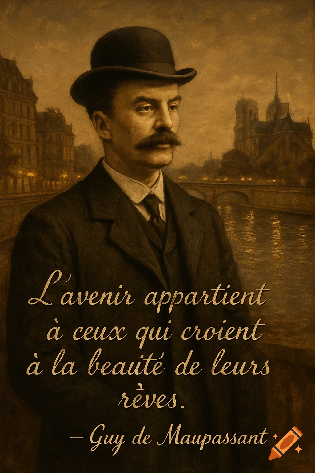 Sepia-toned painting of Guy de Maupassant in a bowler hat and suit, with a Parisian background and a French quote.