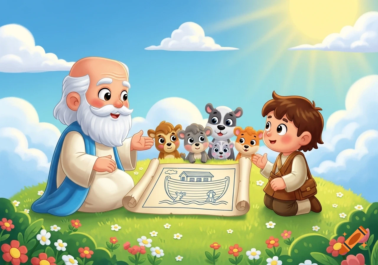 Cartoon of an old man (Noah) and a boy with cute animals, looking at a scroll with an ark drawing, under a sunny sky.