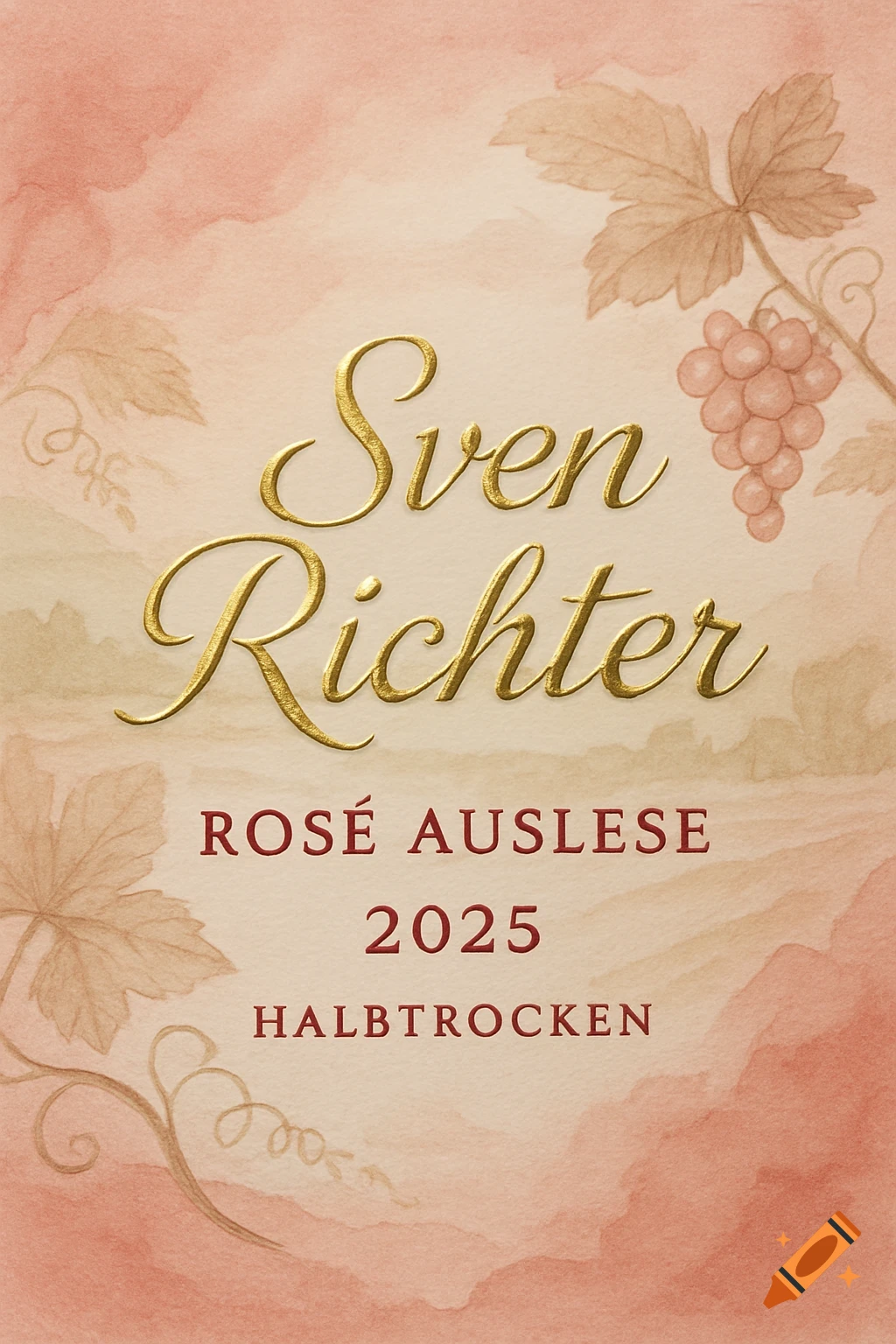 A watercolor-style wine label with gold embossed "Sven Richter" text, "ROSÉ AUSLESE 2025 HALBTROCKEN", and grapevines with clusters of grapes.