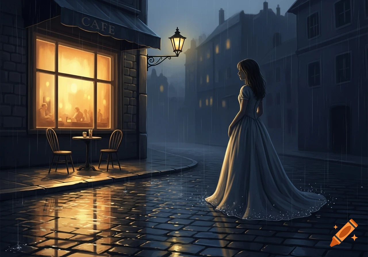 A girl in a long white gown stands on a rainy cobblestone street in front of a warm, brightly lit cafe at night.
