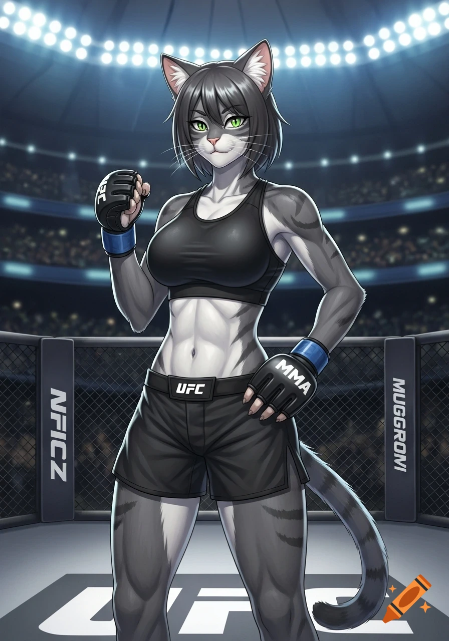An athletic, muscular anthro cat in a black MMA sports top, shorts, and gloves stands in an octagon, looking forward in an anime style.