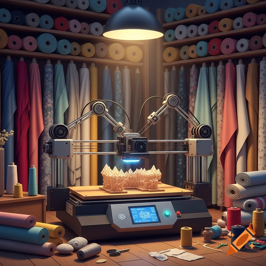 A photorealistic image of a 3D printer fabricating a model in a textile workshop with colorful fabric rolls and thread spools.