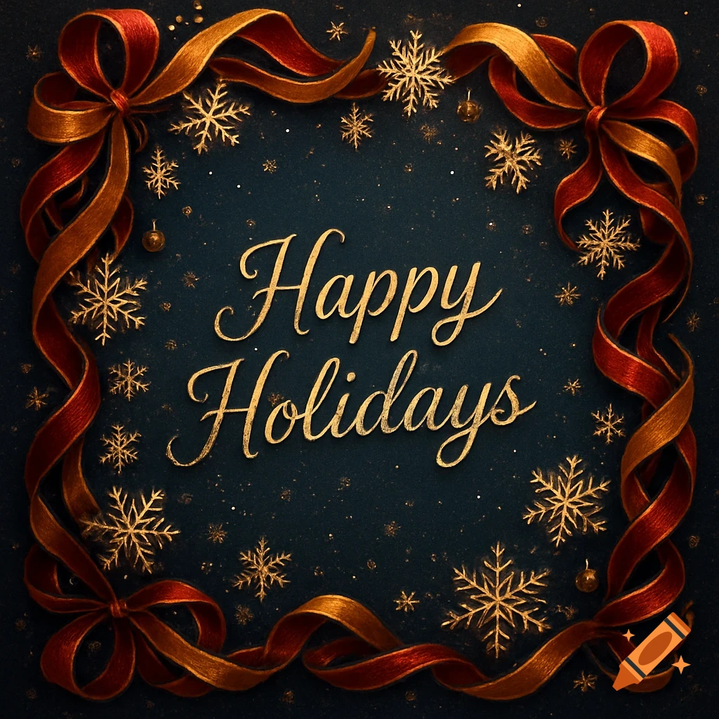 Golden 'Happy Holidays' text framed by red and gold ribbons and snowflakes on a dark background.