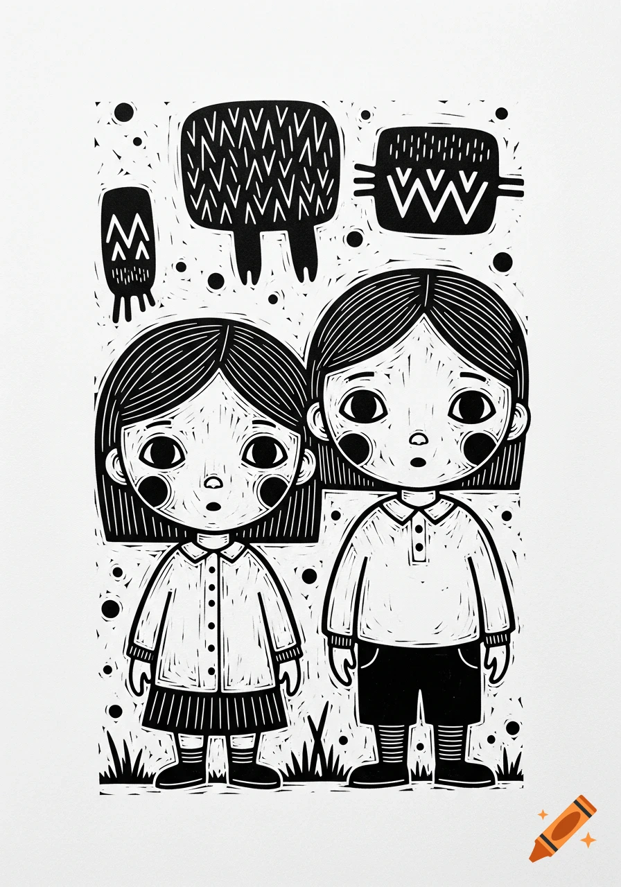 Black and white linocut illustration of two stylized children with large eyes and patterned shapes above them.