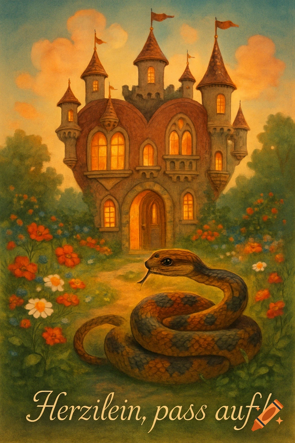 Painterly heart-shaped castle with glowing windows in a flower garden, with a coiled snake in the foreground. Text: "Herzilein, pass auf!"