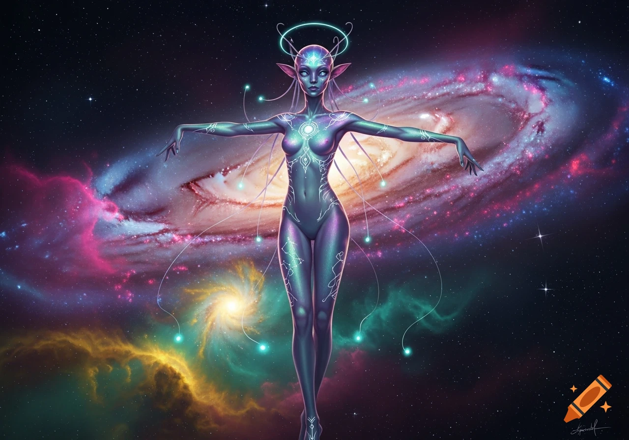 A vibrant, slender alien with glowing markings and a halo stands with outstretched arms in a colorful galaxy.