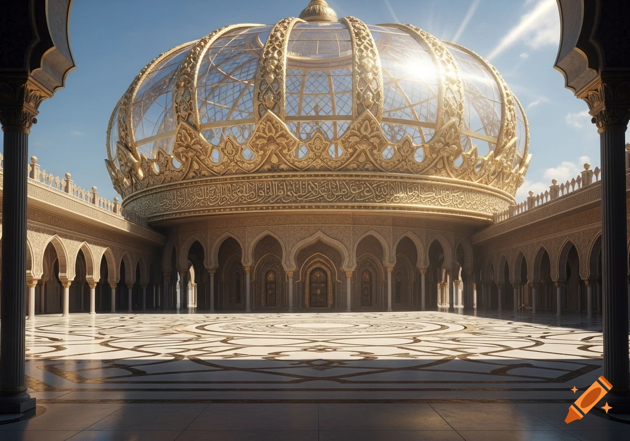 An ornate golden and glass dome, shaped like a crown, sits atop a grand palace with numerous arches and columns under a bright sky.