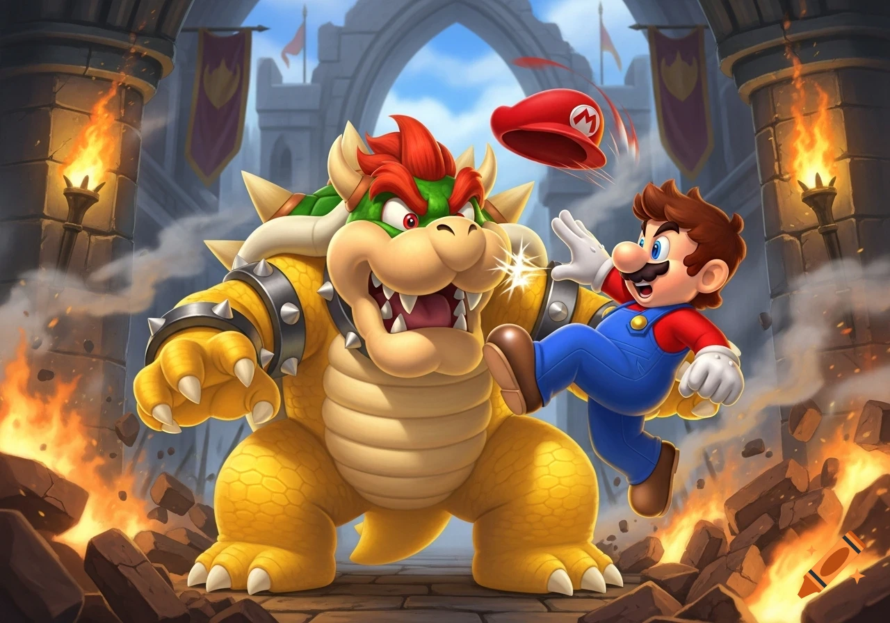 Mario kicks Bowser in a dynamic, cartoonish battle within a crumbling castle engulfed in flames.