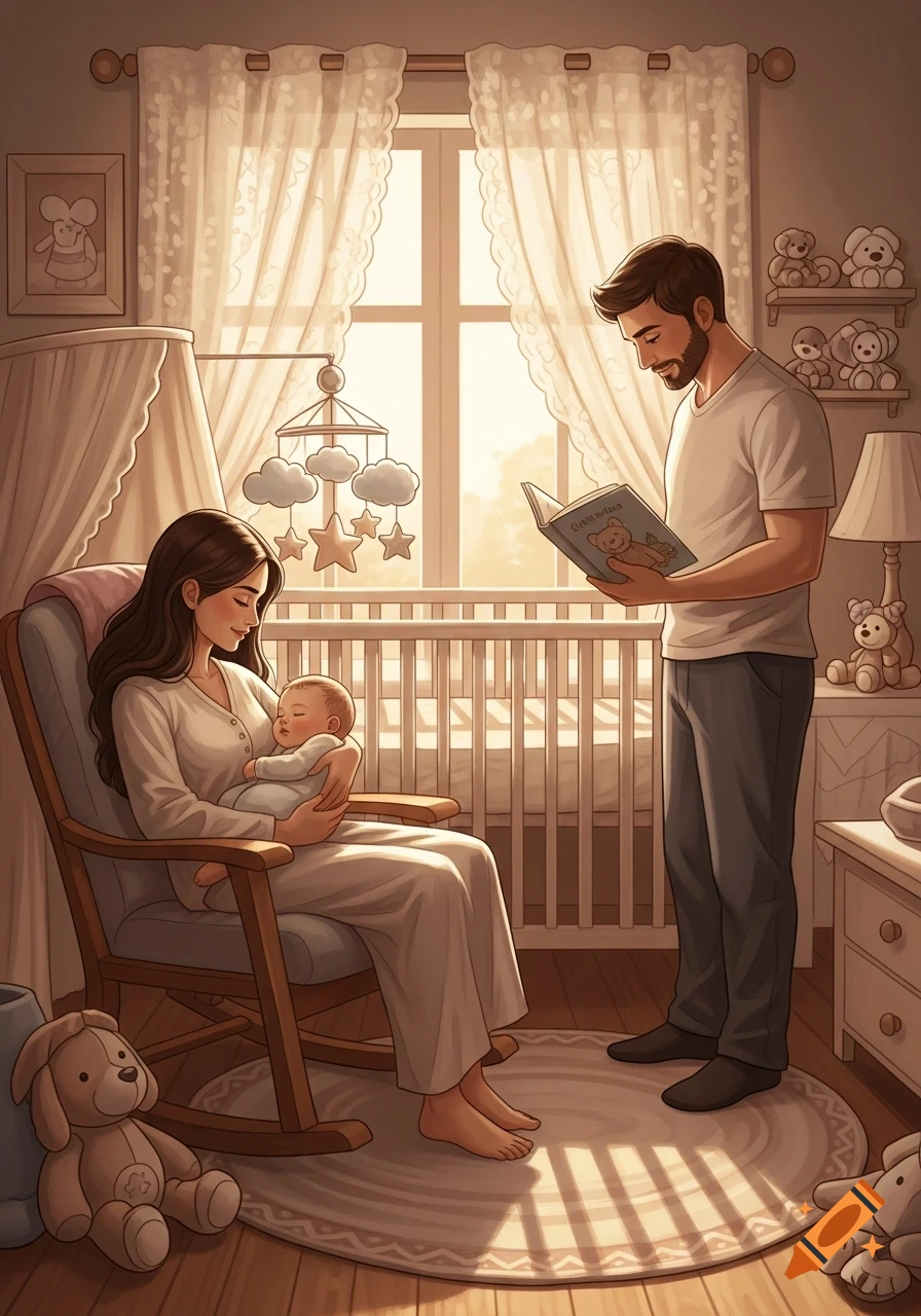 Illustrated scene of a mother holding a sleeping baby in a rocking chair, while a father reads a book in a cozy nursery.