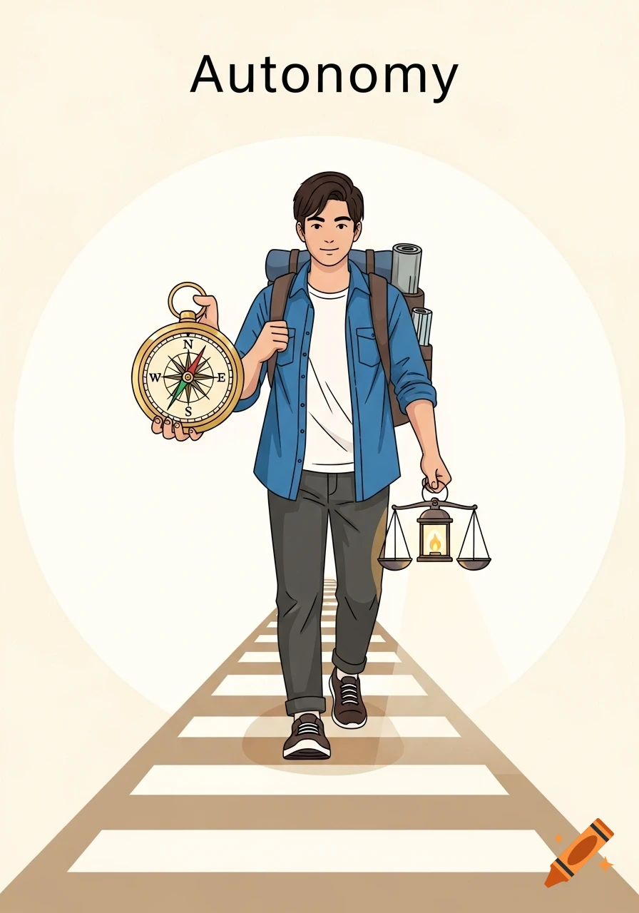 An illustration of a man with a backpack walking on a striped path, holding a compass and scales, with the word 'Autonomy' above.