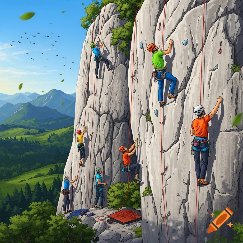 Multiple people rock climbing on a large grey crag with green forests and mountains in the background, in a colorful illustrated style.