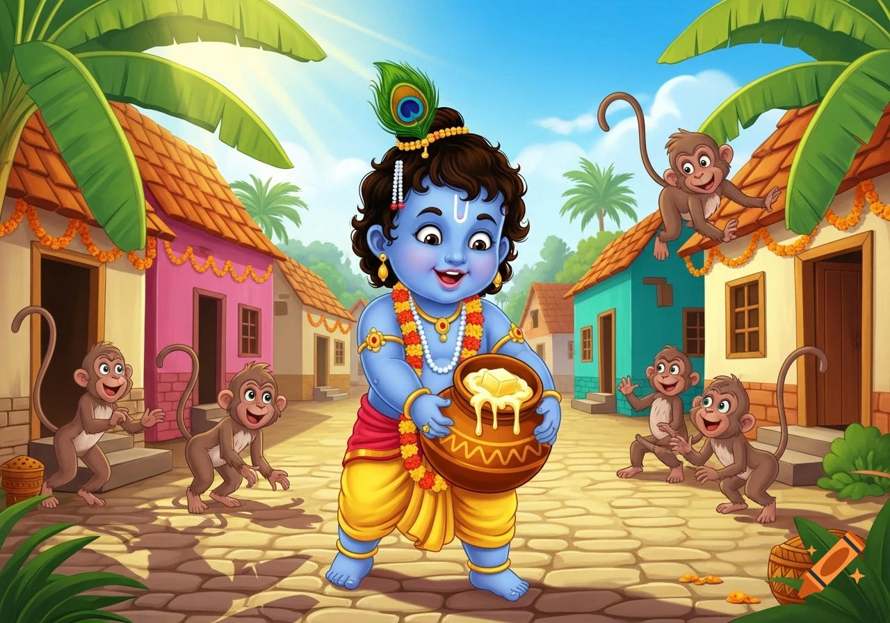 Cute cartoon baby Krishna with blue skin holds a pot of butter, surrounded by happy monkeys in a colorful Indian village.