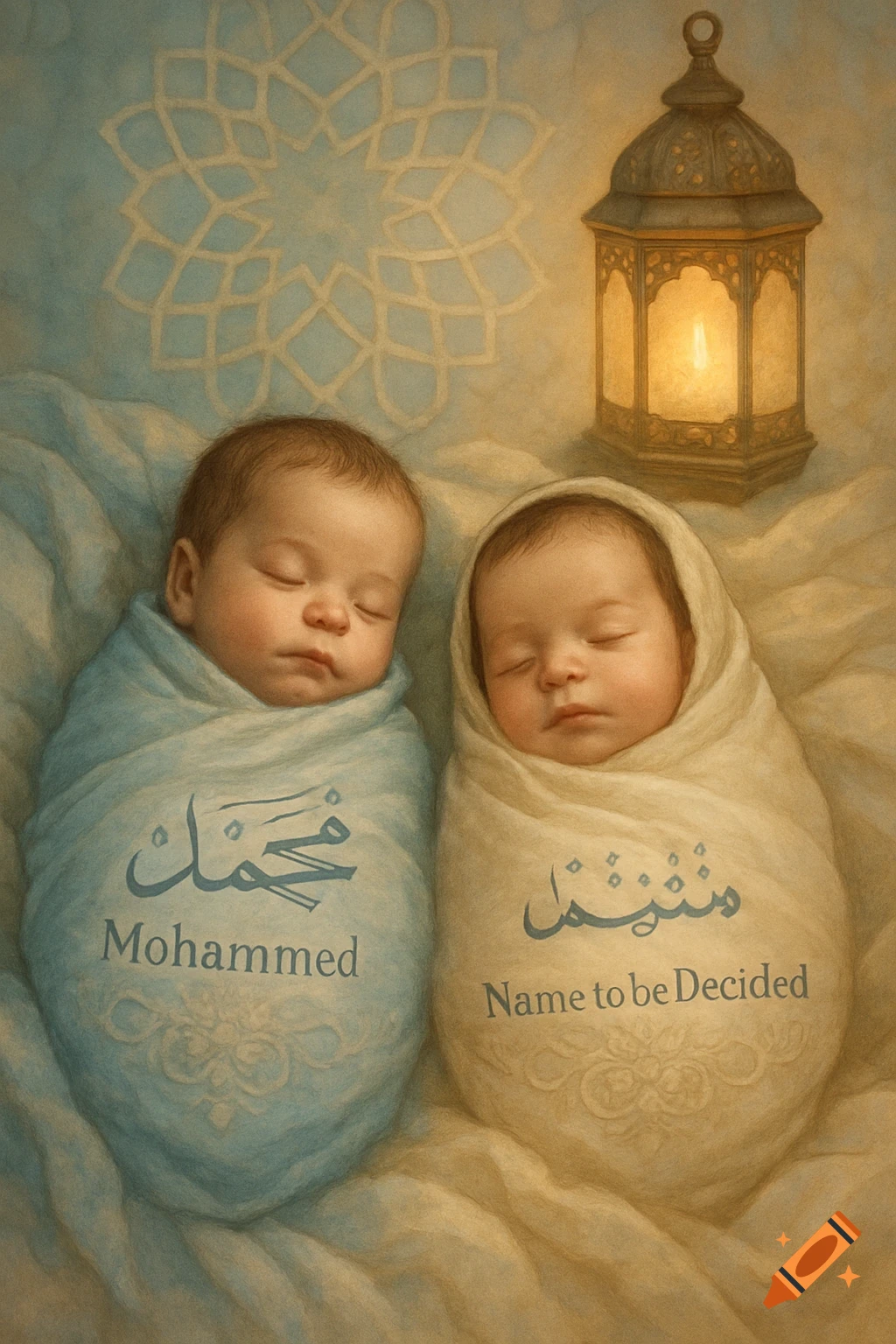 Two sleeping newborn boys, one in a blue blanket with "Mohammed" in English and Arabic, the other in a cream blanket with "Name to be Decided" and garbled Arabic. A lit lantern and an Islamic pattern are in the background.