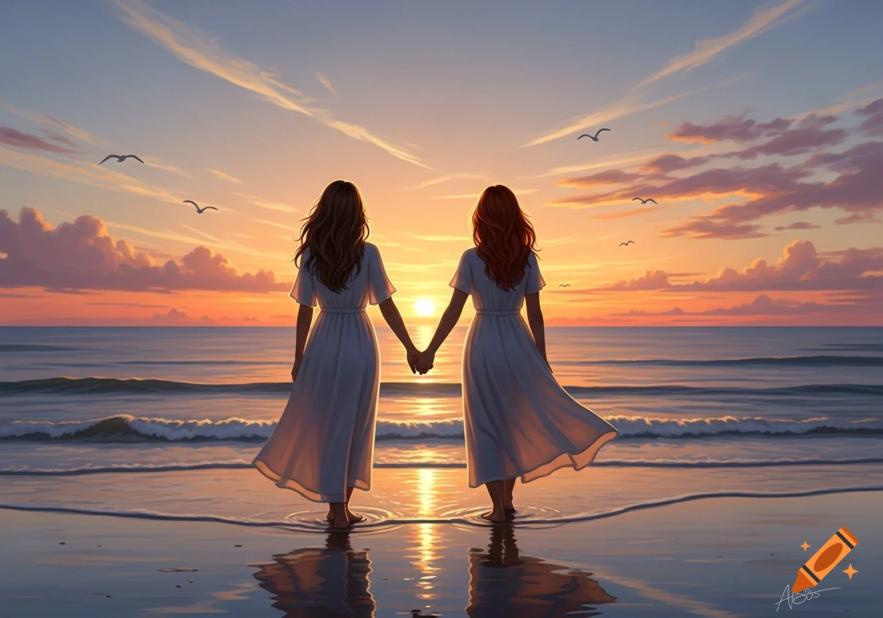 Two women in white dresses hold hands, standing in the ocean at sunset with colorful reflections and birds flying.