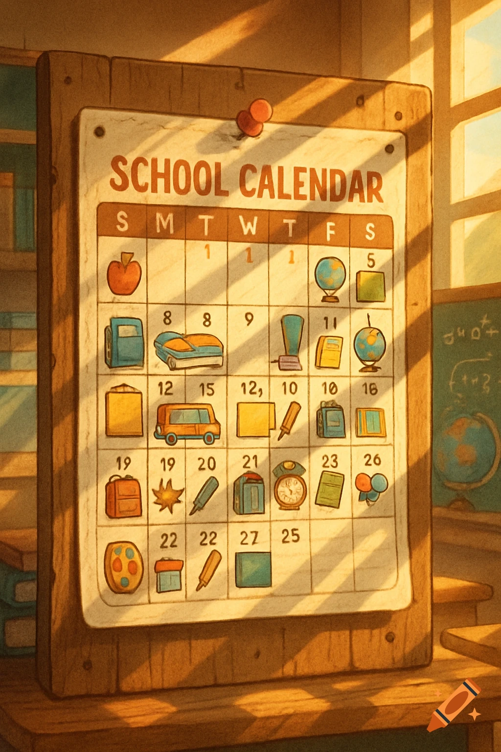 A warm, illustrated school calendar hangs on a wooden board in a sunlit classroom, featuring days, dates, and various school-themed icons.