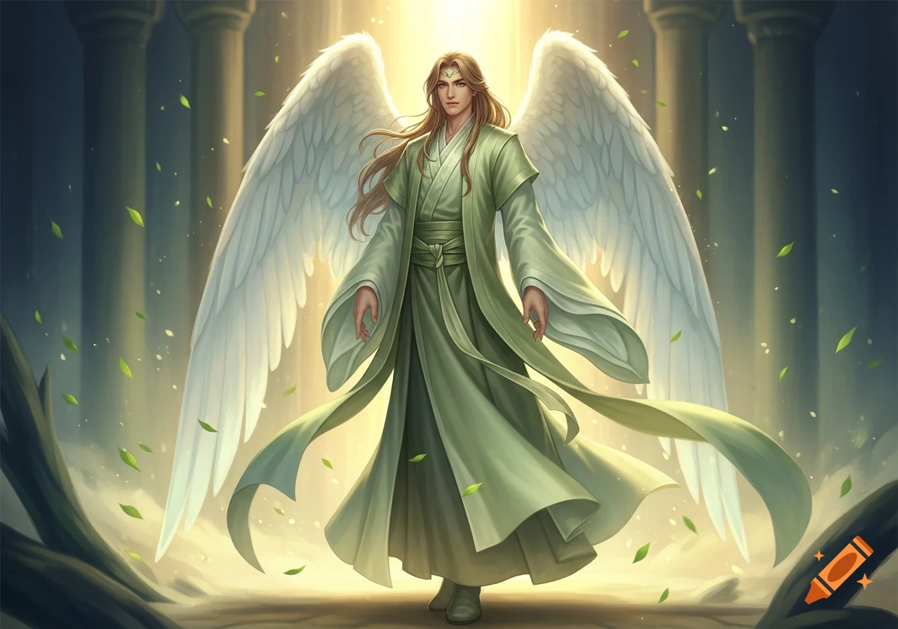 A beautifully rendered man with long light brown hair, wearing a flowing light green robe and large white wings, stands in a golden heavenly light with green leaves falling.