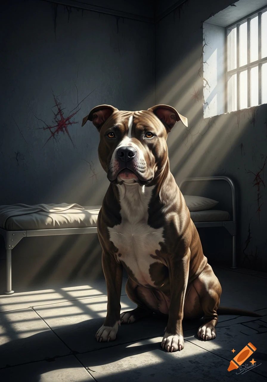 A photorealistic pitbull terrier sits calmly in a dimly lit prison cell, with light streaming through a barred window onto the floor.
