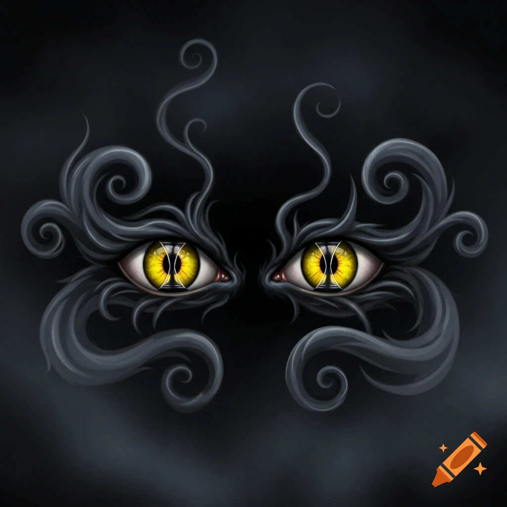 A pair of glowing yellow eyes with black hourglass-shaped pupils float amidst dark, swirling smoke.