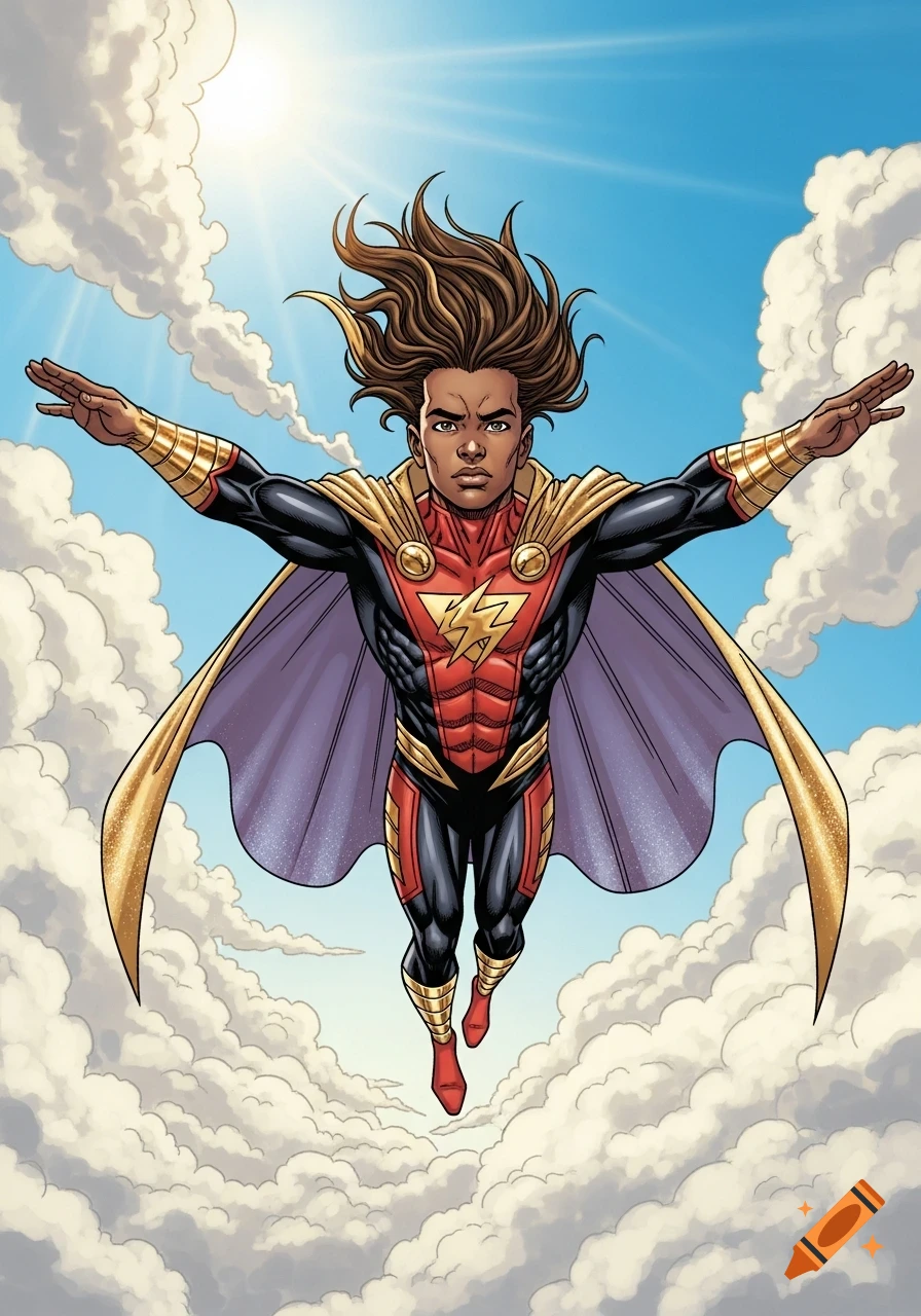 A light-skinned African American boy in a red, black, gold, and purple superhero suit flies through clouds in a comic book style.