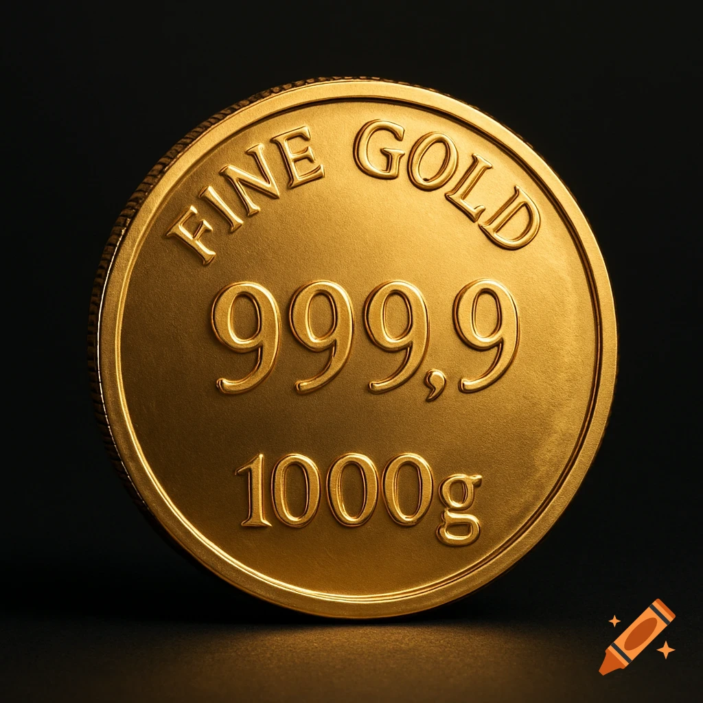 Photorealistic shiny gold coin engraved 'Fine Gold 999.9' and '1000g' on a dark background.