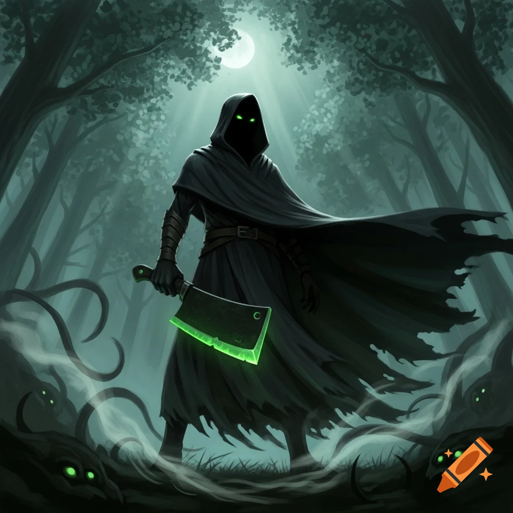 A dark hooded figure with glowing green eyes holds a glowing green ...