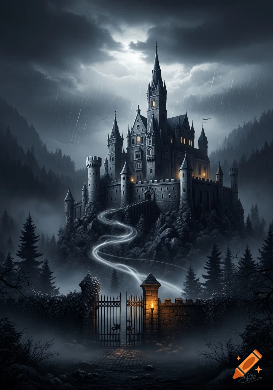 A majestic gothic castle with multiple spires sits atop a dark, rocky hill, surrounded by a misty forest under a stormy, rainy sky.