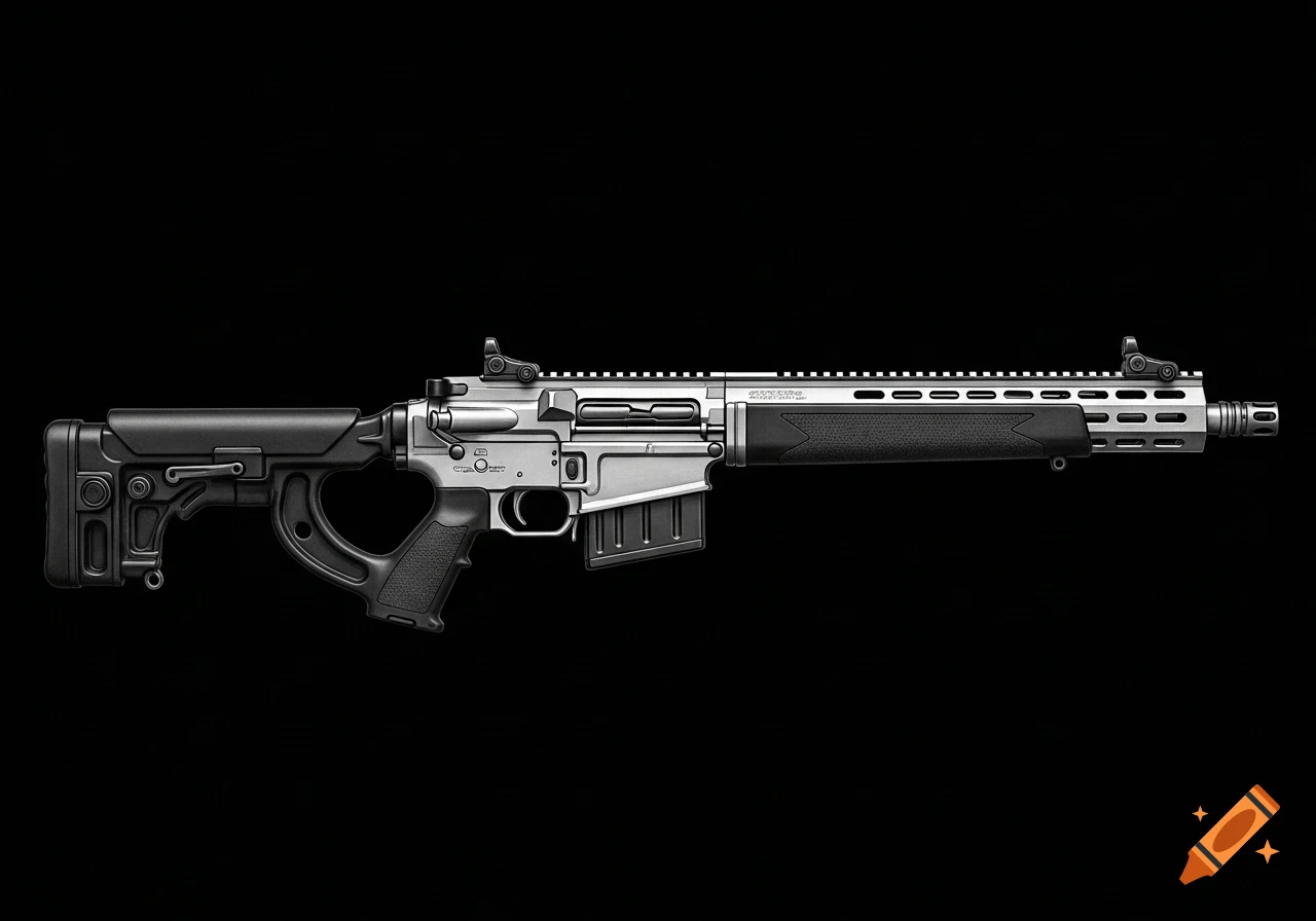 A detailed grey rifle with a black stock and grip against a solid black background.