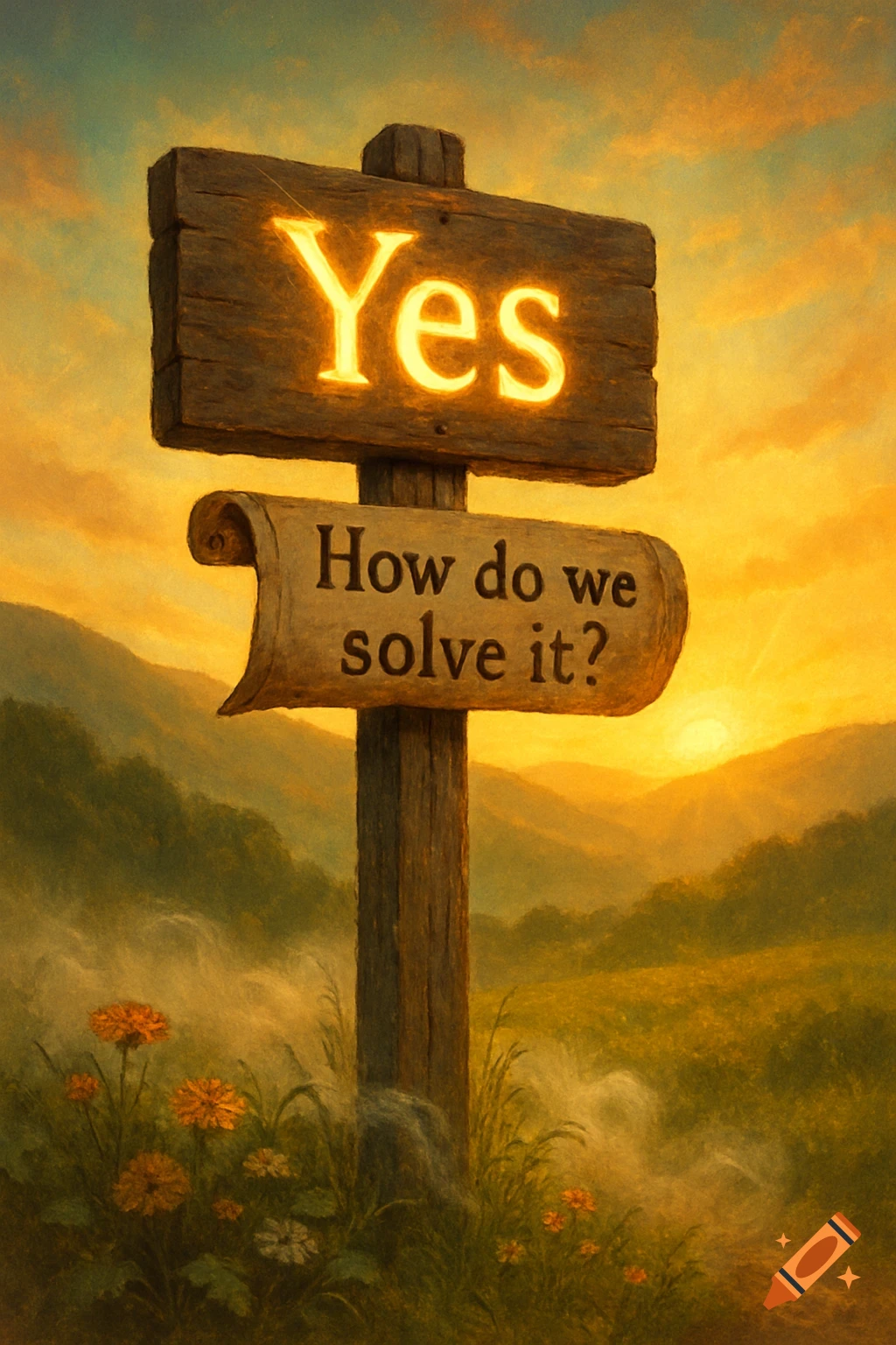 A glowing 'Yes' sign and 'How do we solve it?' signpost in a warm, painterly sunset landscape.