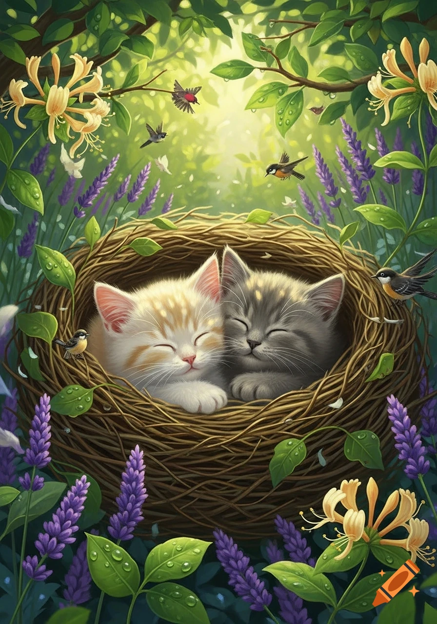 Two adorable kittens sleep peacefully in a bird's nest surrounded by lavender, honeysuckle, and small birds in a sunny garden illustration.