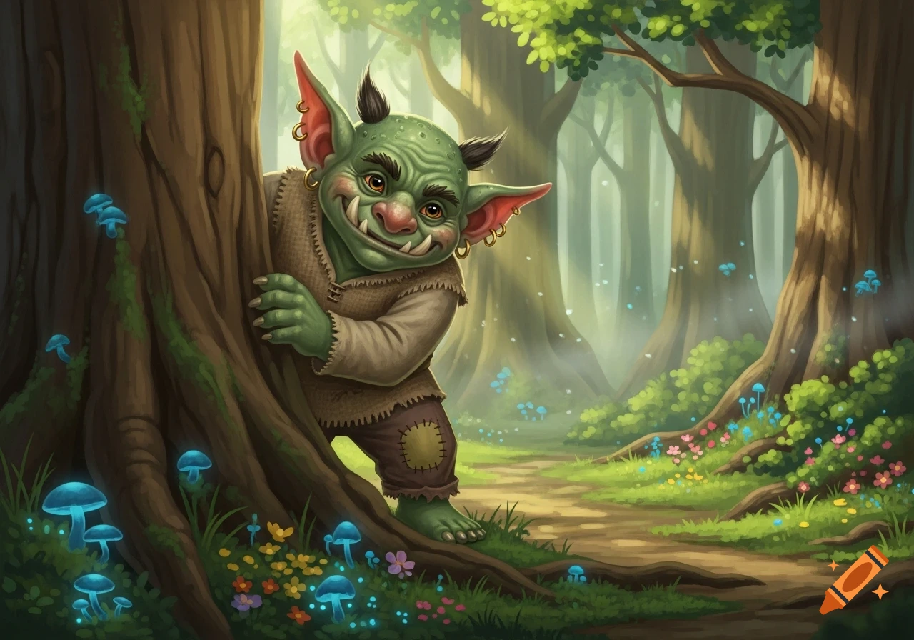 A cartoonish green goblin with large ears and small horns peeks from behind a tree in an enchanted forest with glowing blue mushrooms.