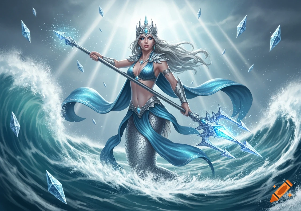 A powerful silver-haired merfolk queen with a blue crown and armor, holding an icy trident amidst crashing ocean waves and floating ice shards.