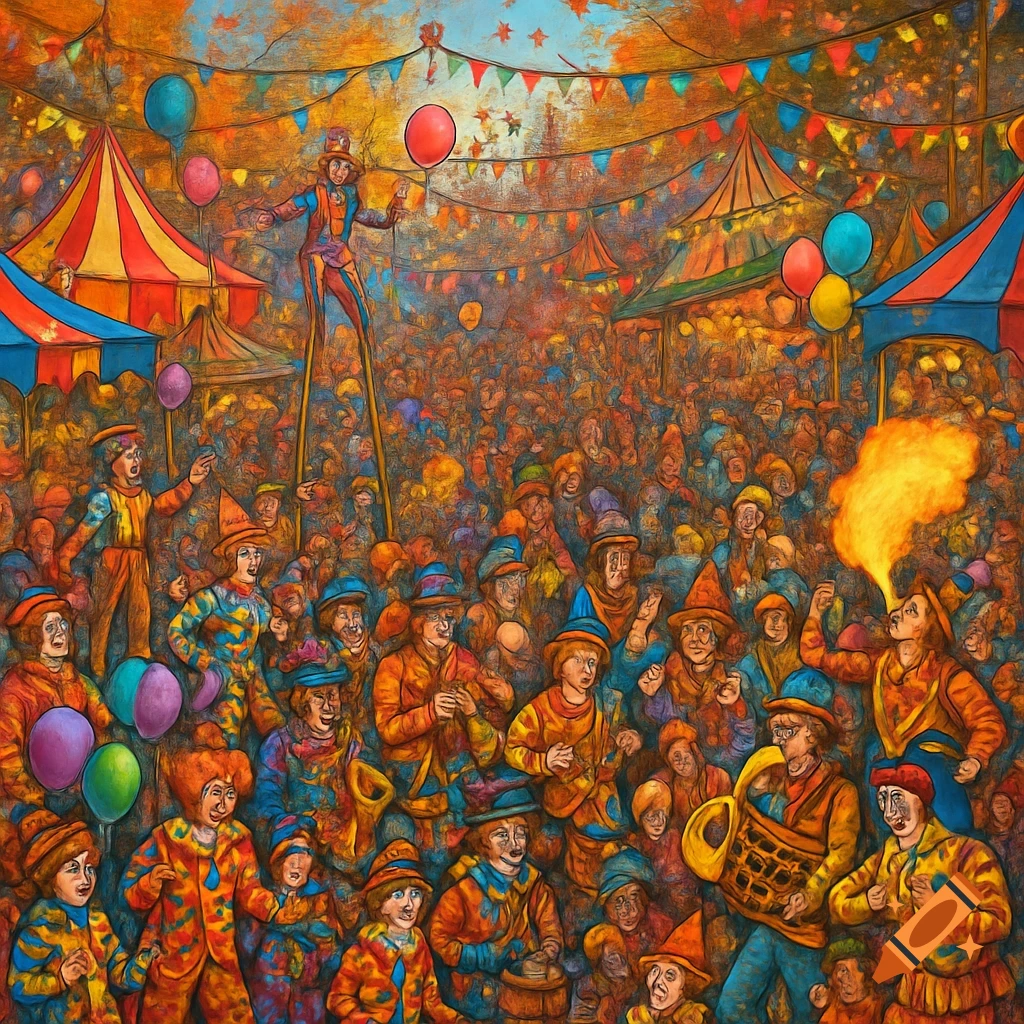Vibrant, painterly illustration of a bustling carnival with a stilt walker, fire breather, and large crowd amidst colorful tents and balloons.