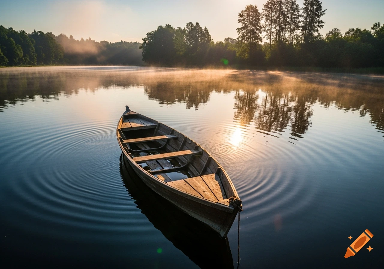 A rustic wooden boat floats on calm, reflective water at sunrise or sunset, with a misty forest in the background.