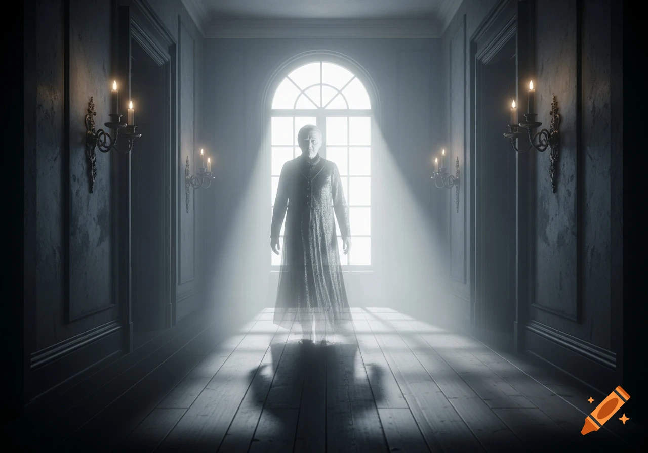 A ghostly, translucent figure of an old person stands in a dimly lit gothic hallway, illuminated by a bright arched window.
